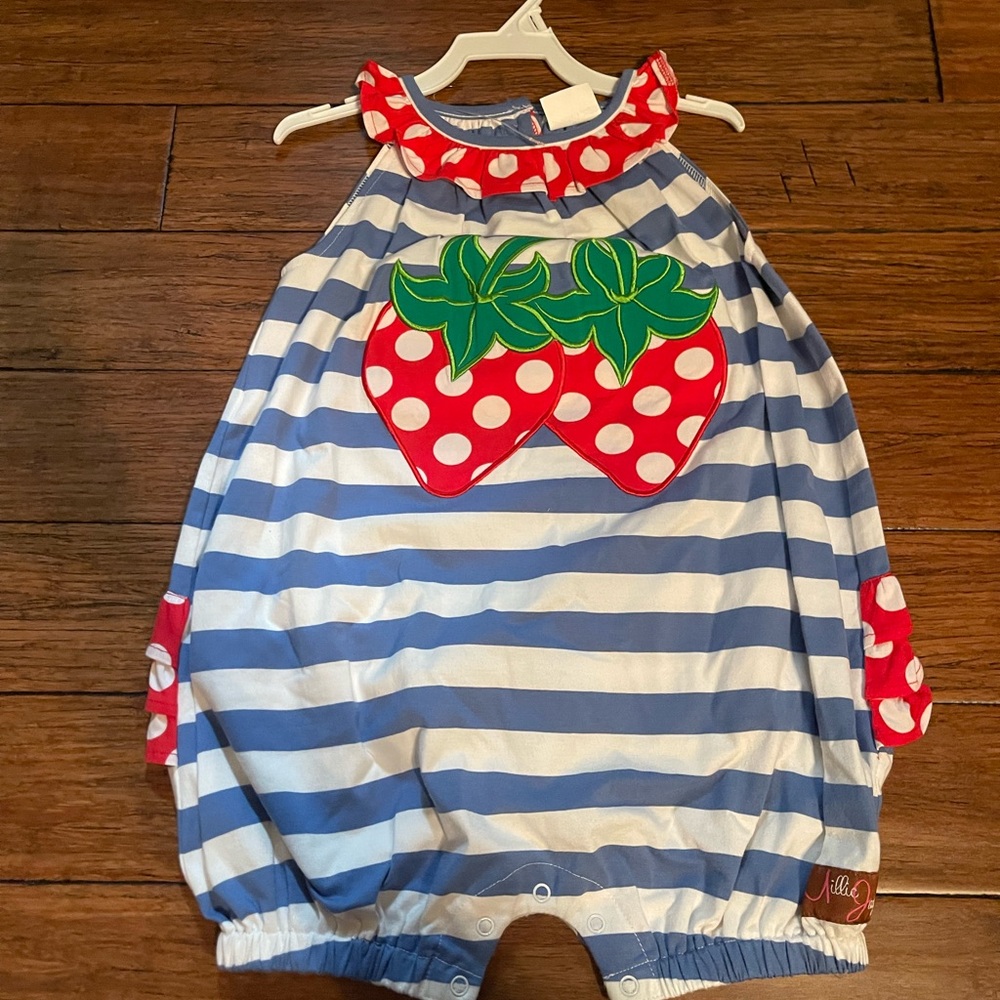Millie Jay 4T Blue & White Striped Strawberry Ruffle Bubble Romper
